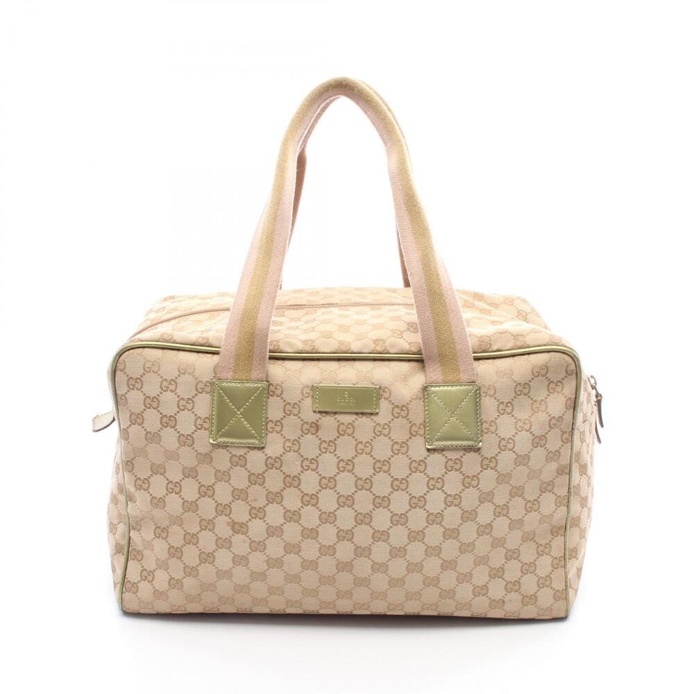 Gucci GG Canvas Boston Bag Leather Beige Brown Gold Tones